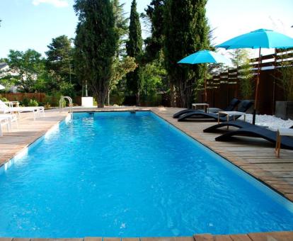 Zona exterior con piscina, solarium y vegetación de este hotel solo para adultos.
